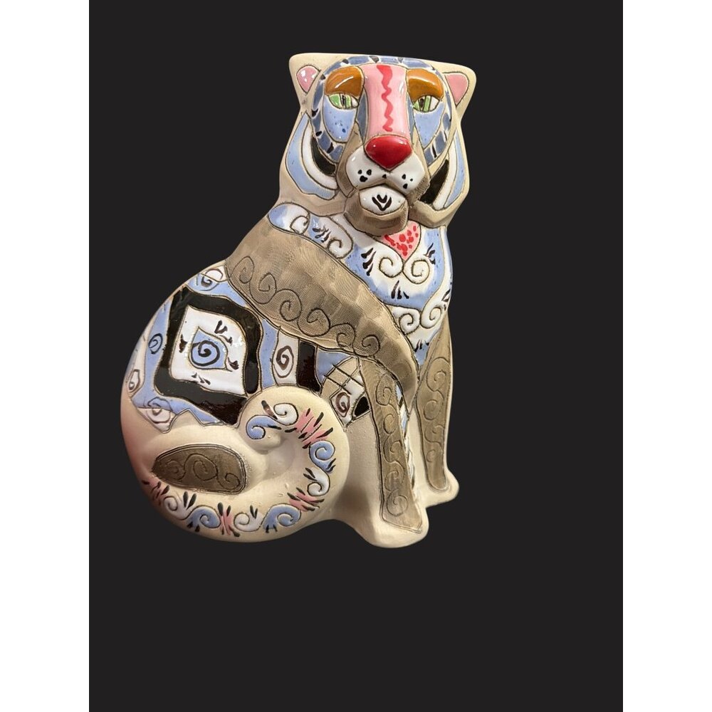 Handcrafted Ceramic Cat Figurine With Abstract Pattern 8" tall
